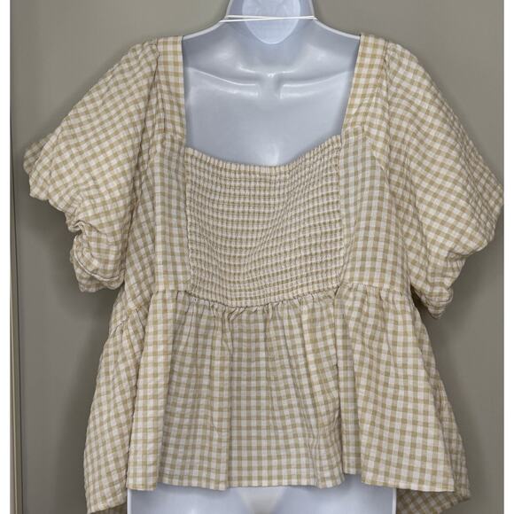 Old Navy Women Puff-Sleeve Smocked Seersucker Babydoll Top 3X Yellow Tan Gingham - Picture 5 of 16